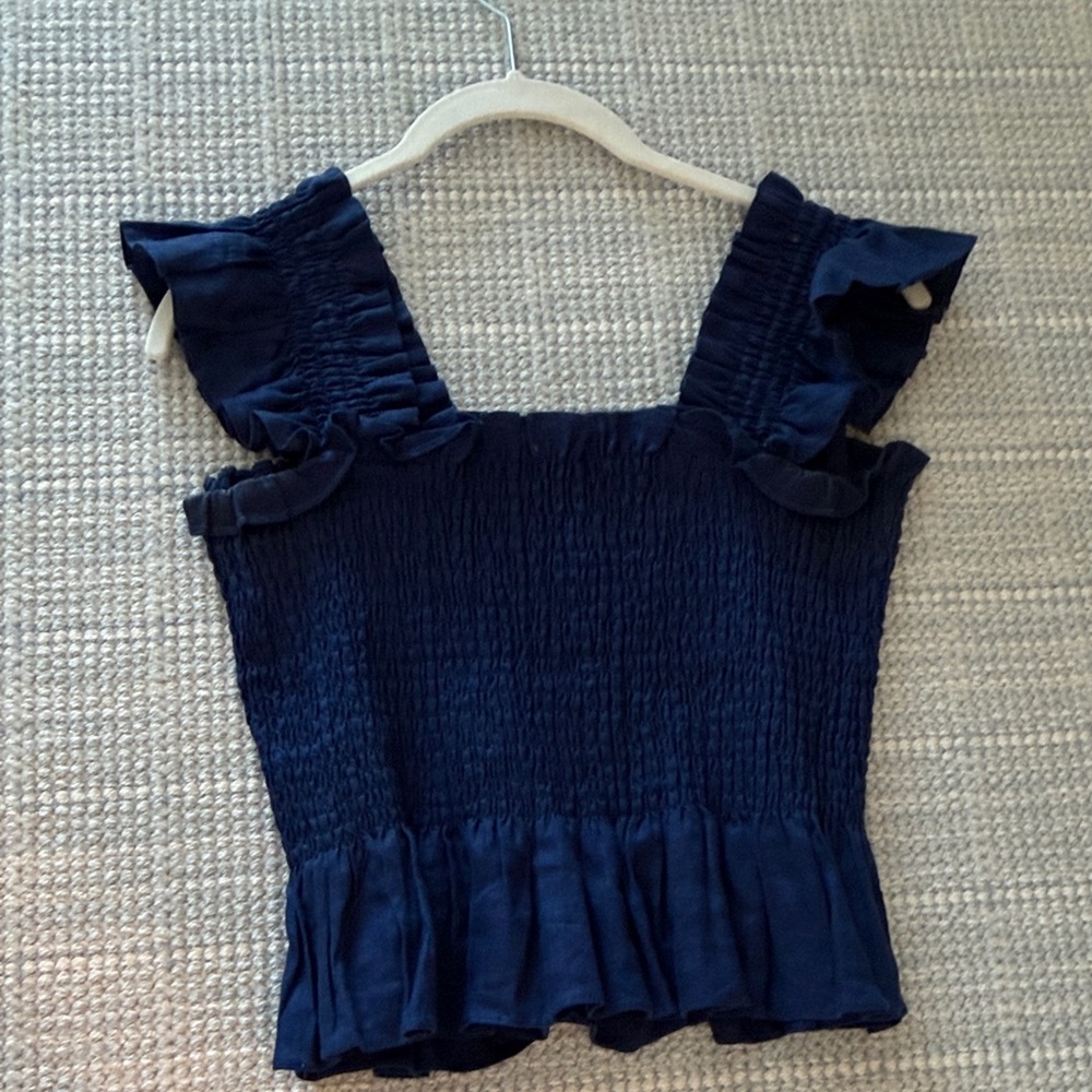 Hill House Smocked Crop Top Navy Blue Linen Small